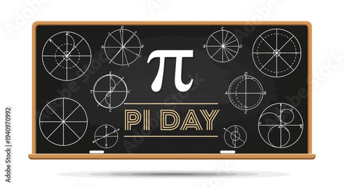 Illustration of a black chalkboard with white pi symbol and various pie charts, celebrating Pi Day in a math education concept with a clean white background.