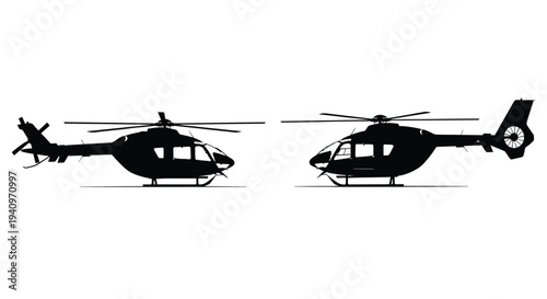 Two black silhouette helicopters are displayed in a side view against white