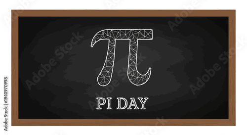 Illustration of a Pi Day design with a chalkboard background and a brown frame, featuring the pi symbol and text in white.