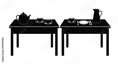 Simple black and white illustration of two tables set for tea