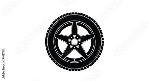 Simple black and white illustration of a car wheel and tire