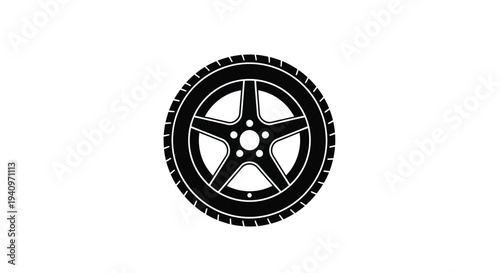 Simple black and white illustration of a car wheel with a detailed tire