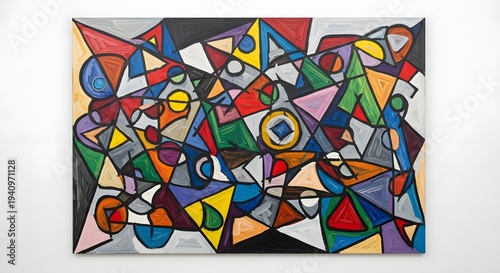 Vibrant Abstract Oil Painting Featuring Intricate Geometric Patterns and Bold Multicolored Shapes on a Rectangular Canvas Background