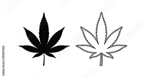 Two cannabis leaves a solid black design and a detailed outline