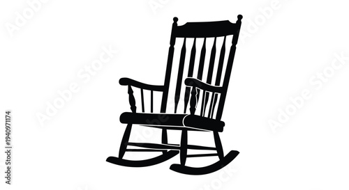 A black silhouette of a classic wooden rocking chair on a white background