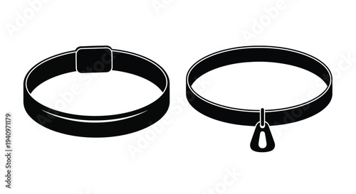Two black dog collars one with a buckle and one with a tag