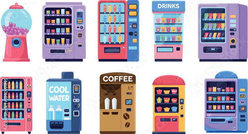 Vending machine vector illustration collection with snack, drinks, coffee and gumball dispensers colorful automatic retail food machines set