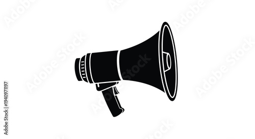 A black silhouette of a vintage handheld megaphone on a white background