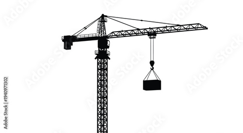 A black silhouette of a tall tower crane against a white background