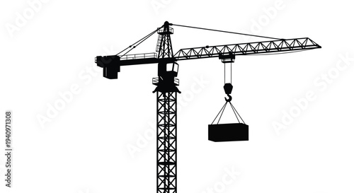Silhouette of a large construction crane with a suspended container