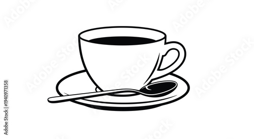 Simple black and white illustration of a coffee cup with saucer and spoon