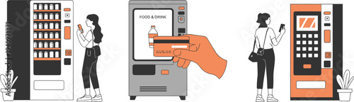 Woman buying drink from vending machine vector illustration with card payment, automatic food and beverage dispenser self service retail