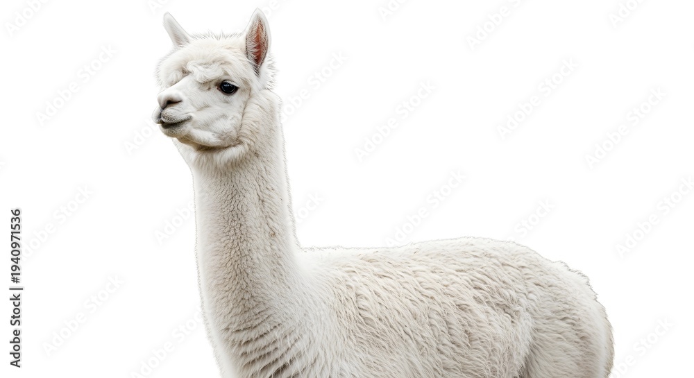 Naklejka premium Close-up portrait of a beautiful white alpaca showcasing its gentle nature and luxurious fleece, standing serenely on a clean background, highlighting its distinctive features