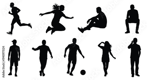 Silhouettes of people in various dynamic and casual poses against white