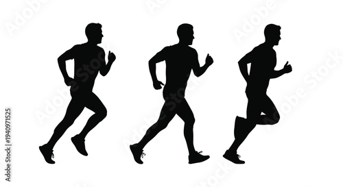 Silhouettes of three men running in various stages of stride