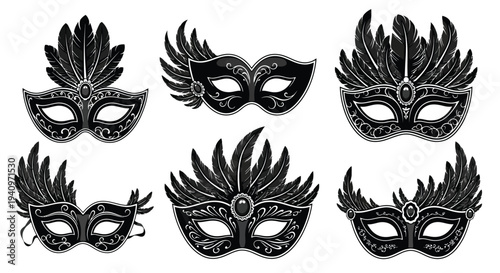Elegant venetian masks with feather details in black and white