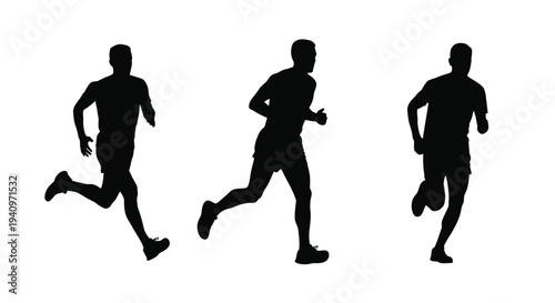 Silhouettes of three men running depicted in a dynamic and athletic pose