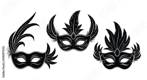 Elegant venetian masks with feathers in a black and white design