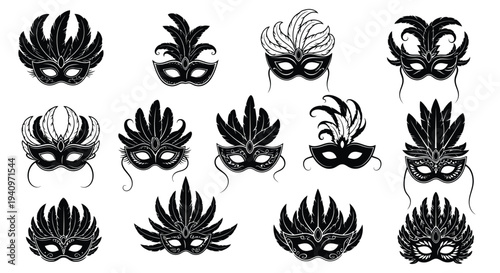 Collection of ornate black venetian masks with feather and filigree details