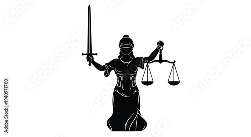 Lady justice illustration a silhouette with scales and a sword