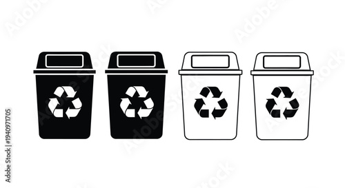 Four recycling bins in black and white showing different styles