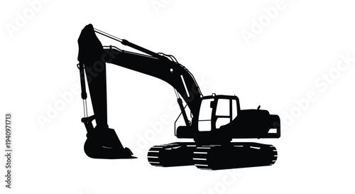 Silhouette of a large excavator construction machine against a white background