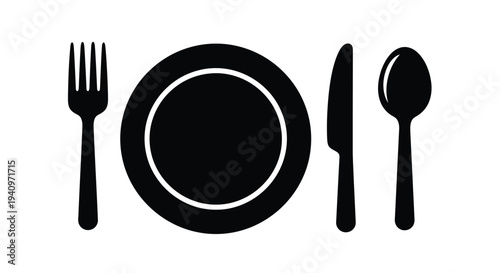 Simple black and white illustration of a plate fork knife and spoon