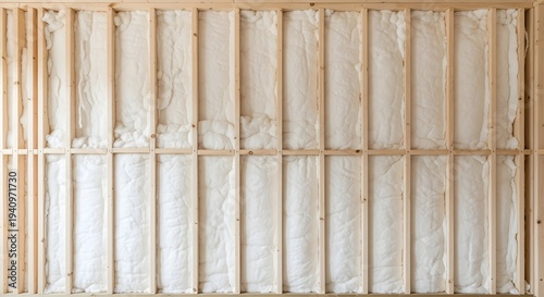 Residential interior wall under construction featuring exposed wooden studs with fluffy white thermal insulation materials installed for enhanced energy efficiency and soundproofing