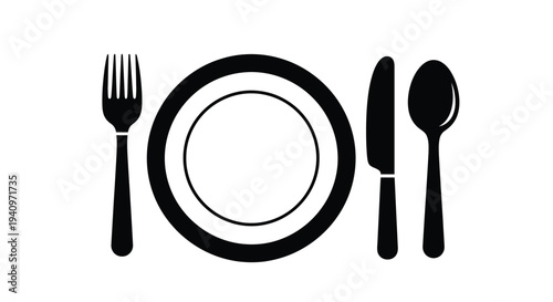 A simple black and white illustration of a plate fork knife and spoon