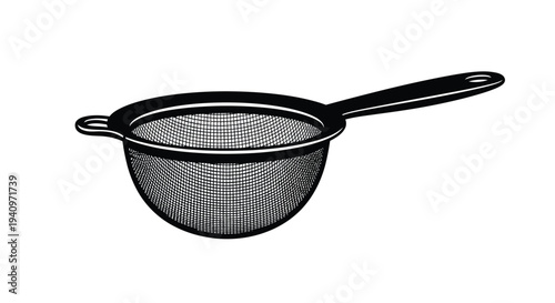 A black and white illustration of a metal kitchen strainer with a handle