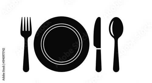 Simple black and white illustration of a plate fork knife and spoon