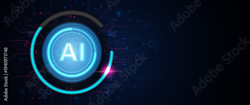Glowing blue circular AI icon with progress ring beside dark copy space and digital circuits