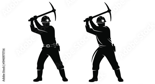 Two miners wielding pickaxes depicted in a stark black silhouette style