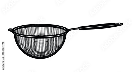 A black metal mesh strainer with a long handle isolated on white