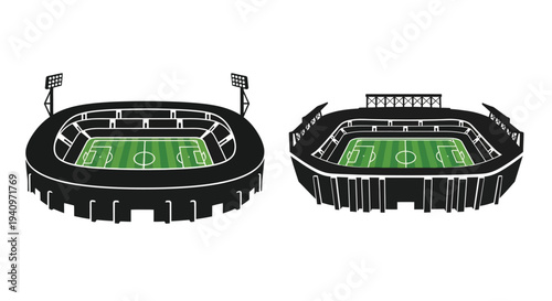 Two monochrome illustrations depict large football stadiums with green fields