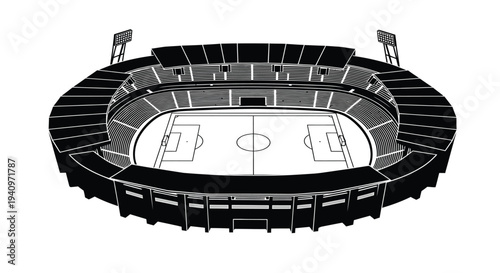 Black and white illustration of a large empty soccer stadium