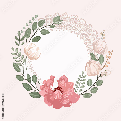 ドライフラワーとレースのくすみ色円形飾り枠