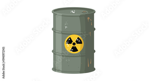 A dirty grey metal barrel with a yellow and black radioactive symbol prominently displayed on its side stands upright against a white background.