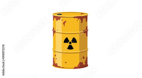 A heavily rusted yellow metal barrel with a prominent yellow and black radioactive symbol on its side stands upright against a clean white background.