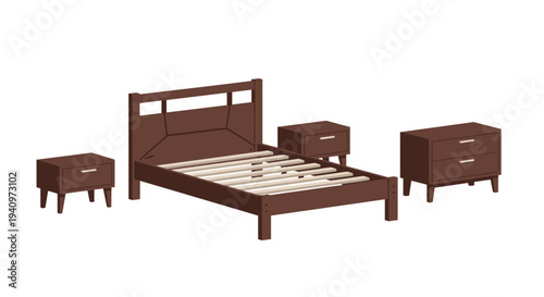 A pixelated illustration of a dark brown wooden bed frame with a slatted headboard and two accompanying nightstands on a clean white background.