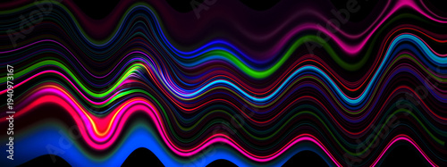 黒背景に流れるカラフルなネオン光の波線　テクノロジー・デジタル背景