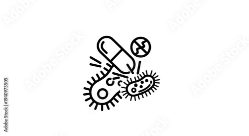 Antibiotic capsule attacking bacteria, fighting infection, medical icon