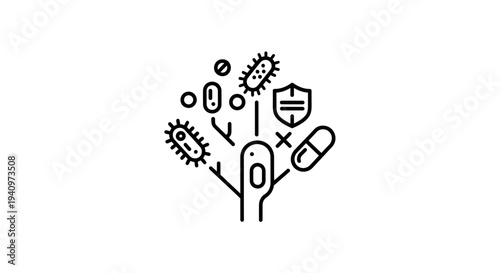Antibiotic Resistance Concept: Bacteria, Shield, Pill, Thermometer Icons