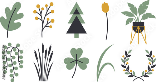 Scandi inspired minimalist organic plant shapes with stylized leaf branch pine tree in charcoal mustard yellow sage green for modern botanical branding design