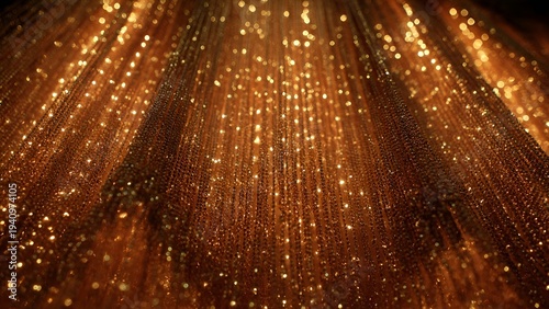 An abstract close-up of shimmering golden beads cascading like fabric, catching light with a
