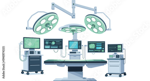 A modern operating room setup featuring a central table positioned beneath three large surgical lights and surrounded by several medical monitors on carts.