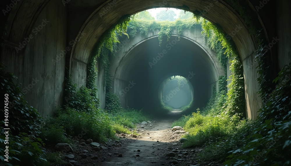 Naklejka premium Overgrown concrete tunnel interior, green vines cover walls. Sunbeams pierce dark path leading to distant light. Abandoned passage in wild nature.