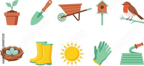Spring garden growth illustrations with seedling trowel wheelbarrow birdhouse robin in sunny yellow mint green terracotta for outdoor gardening branding design
