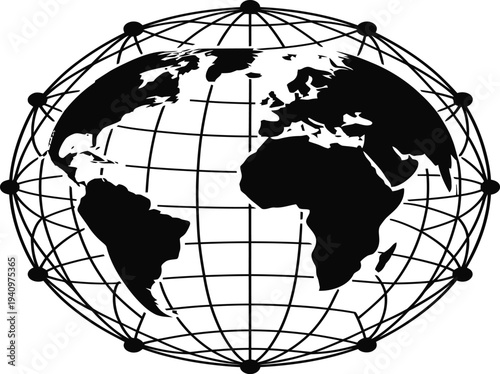 Black and white illustration of the world map on a globe with grid lines and dots