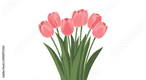 A pixelated illustration portrays a lush bouquet of seven pink tulips with solid-colored petals and vibrant green stems on a white background.